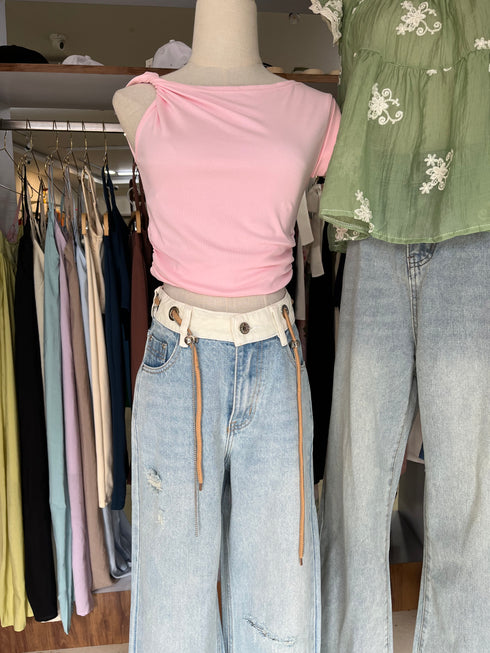 Women Rib Drawn-String Wide Leg Jeans